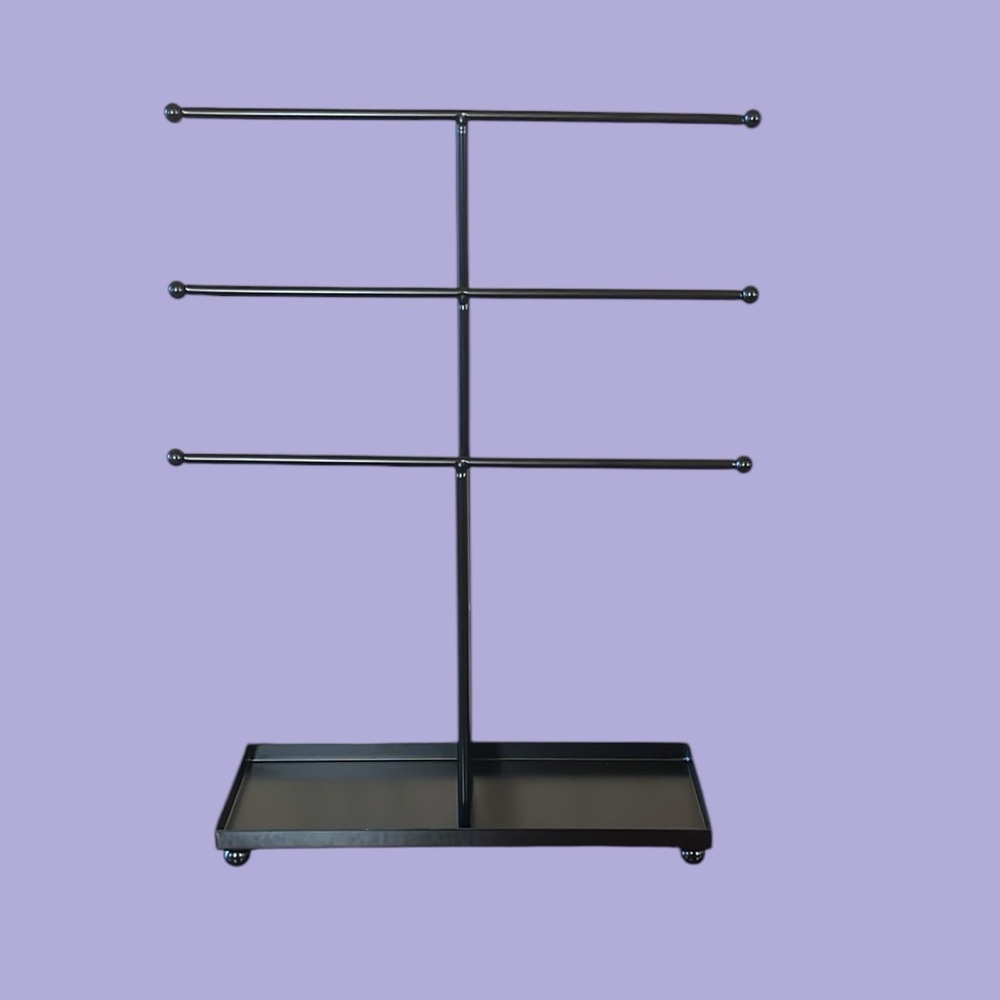 3 Tier Black Jewelry Organizer Display with Ring Tray. Metal